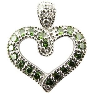 Vintage 14 Karat White Gold and Green and White Diamond Heart Pendant #4446